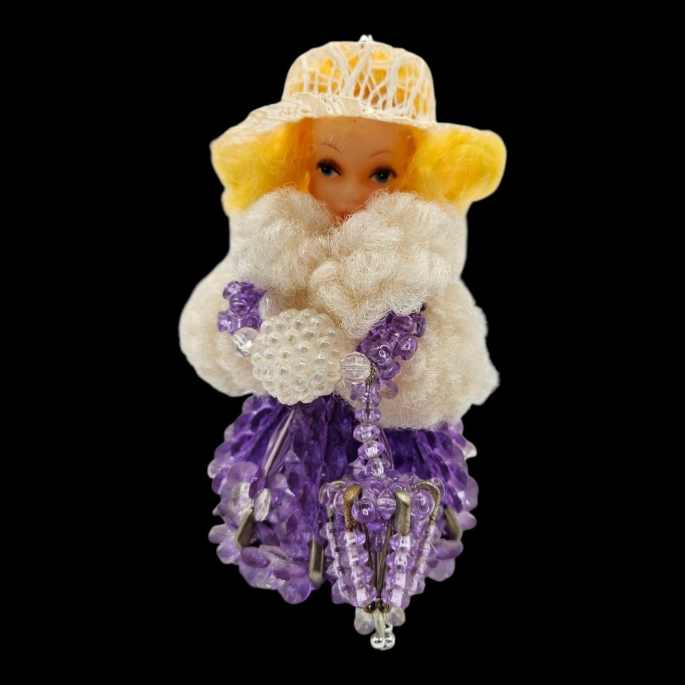 VTG Safety Pin & Bead Blonde Doll Kitschy Purple Dress Muff Umbrella Handmade 5"